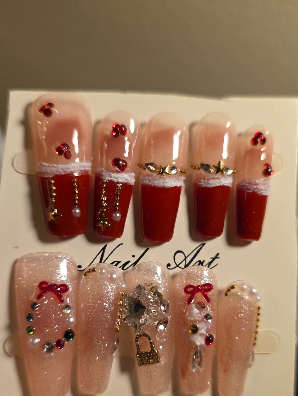 Handcrafted Red & Nude Holiday Press-On Nail Set Size Med